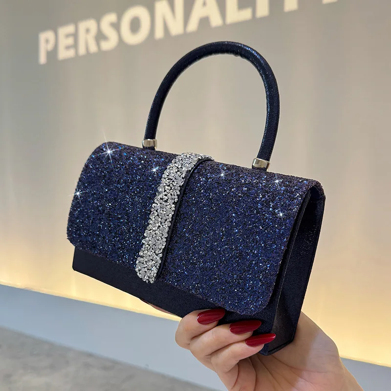 Luxurious Shiny Evening Bag, Vintage Party Royal Blue Handbag with Rhinestone Flap, Versatile High-Quality Elegant Women’s Tote