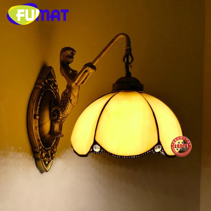 

FUMAT Tiffany style stained glass retro wall lamp for bedroom bedside lamp living room hallway mermaid wall light LED decor