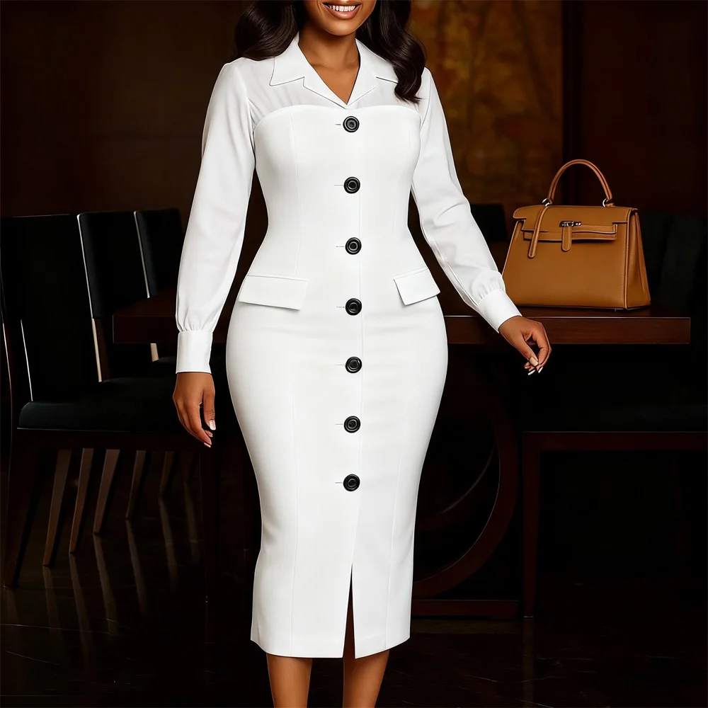 Elegant Bodycon Dresses for Women Turn Down Collar Full Sleeve Buttons Sheath Solid Mid Calf Professional Business Work Dress OL