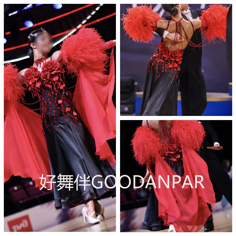 

Новинка 2024 года, стандартное платье для бальных танцев, костюм для соревнований для женщин и девочек, лайкра, вальс, сценический черный