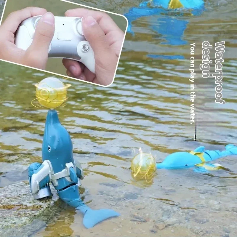 Delfines con Control remoto de 2,4G con bola giratoria, doble hélice, RC, simulación de animales, barco de delfines, juguete, barco controlado por Radio, regalos