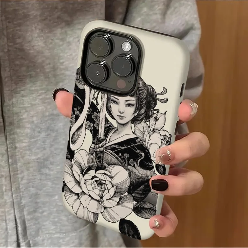 حافظة هاتف نسائية على الطراز الياباني كيمونو مع سيف وزهور لهاتف آيفون 17 16 15 14 11 12 13 Pro Max Air Plus غطاء خلفي