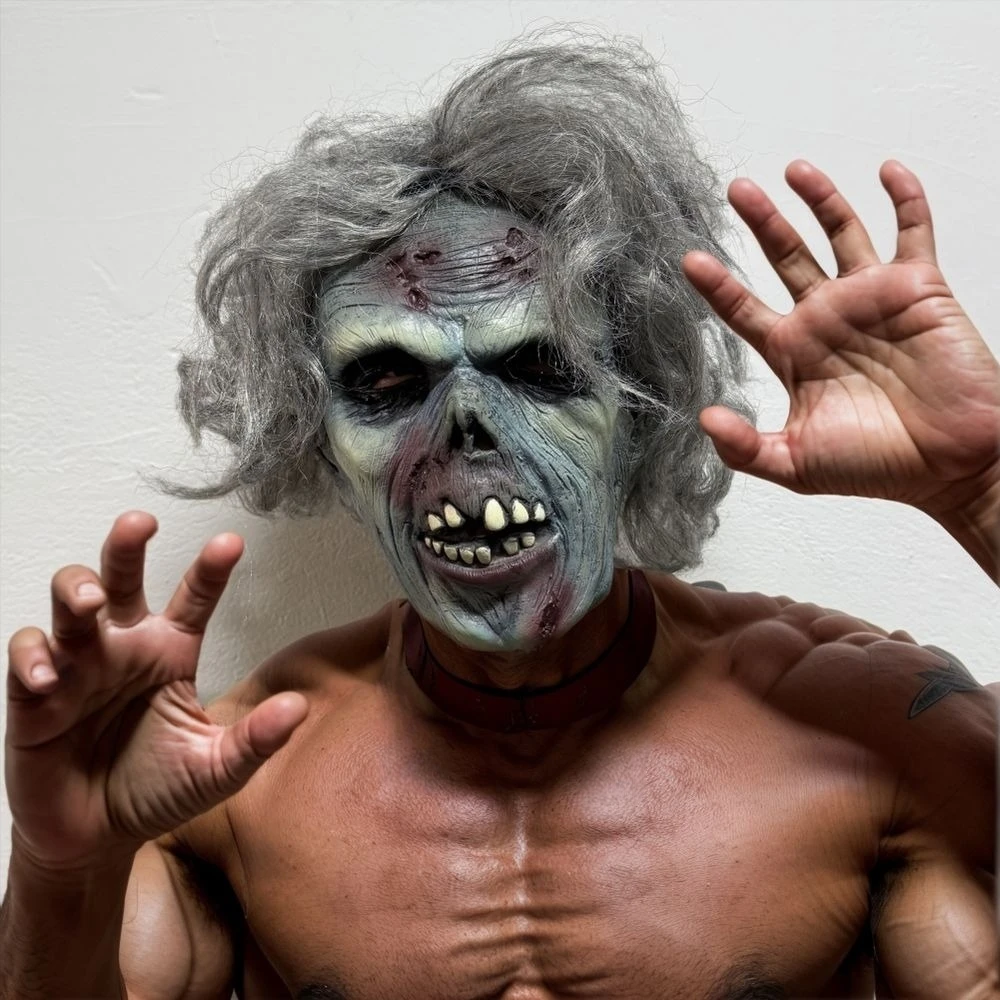 Maska Zombie Martwy Ludzik z Szarych Włosów dla Dorosłych z Gumą, Krewą, Szczęką, Rany na Halloween, Szczegółowe Złe Zęby, Dodatek do Kostiumu