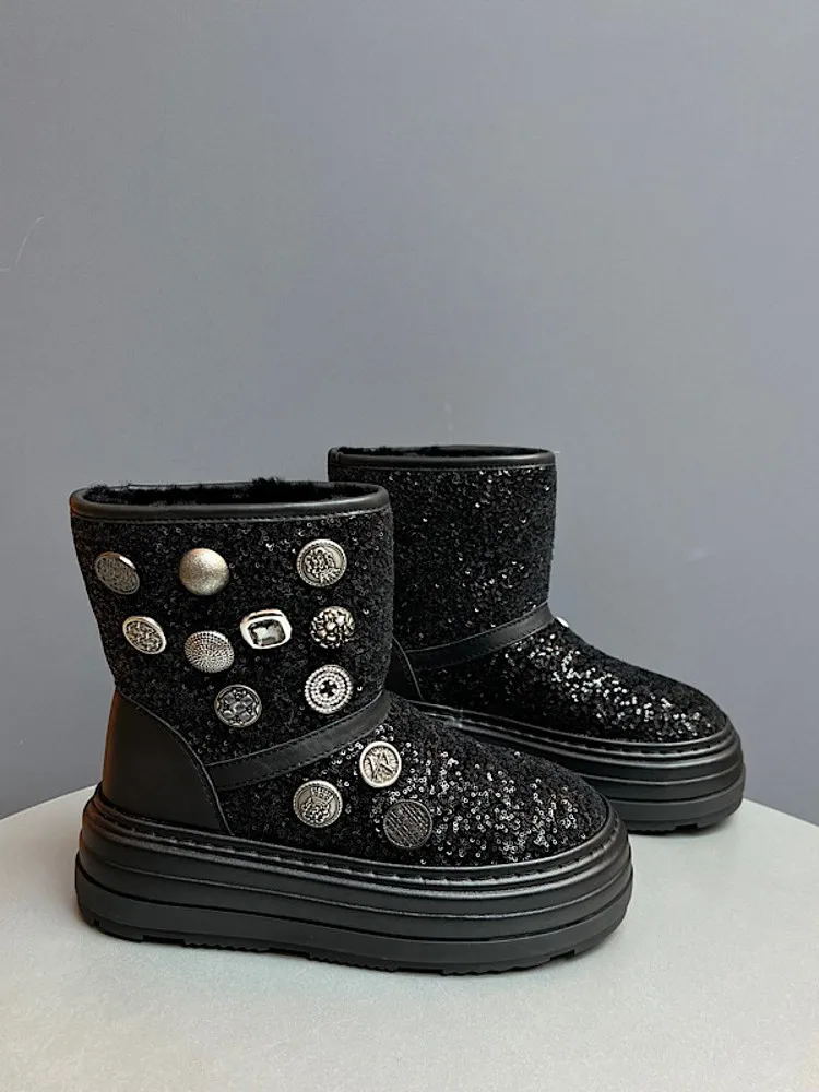 Winter Women Rivets Shiny Sequined Warm Fleece Lining Snow Boots High Top Thick Platform Ankle Boots Casual Slip On Work Shoes