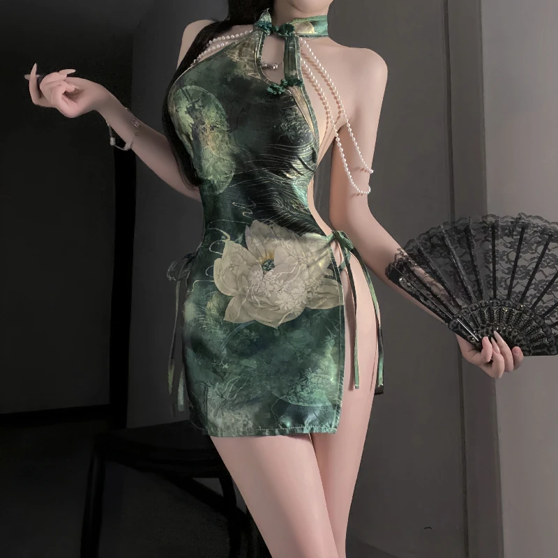 Chinese Style Sexy Improved Cheongsam Dress Pure Desire Pearl Backless Retro Traditional Qipao Skirt Exotic Charm Costumes Green