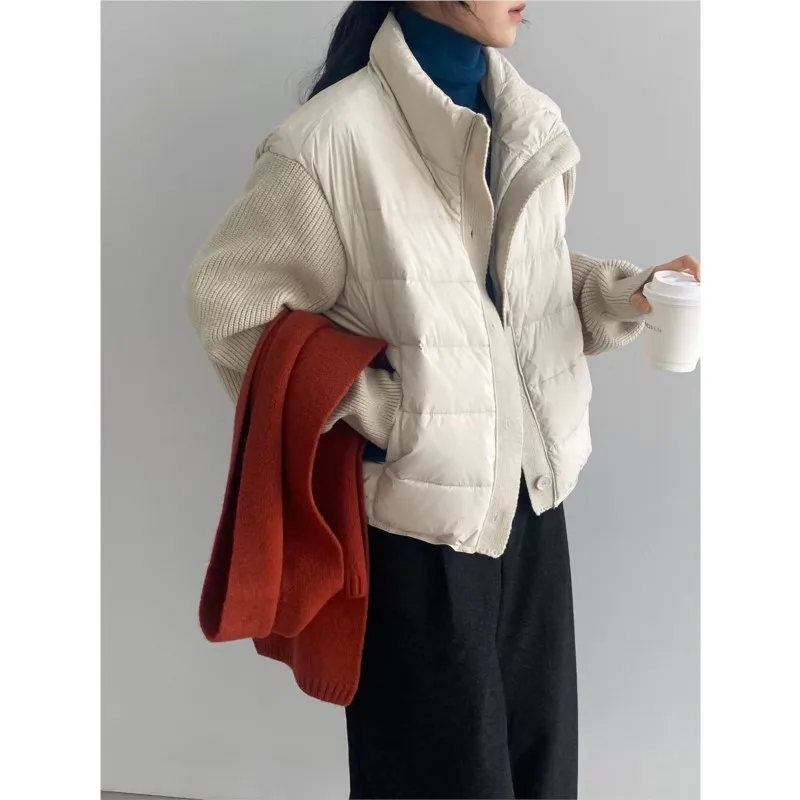 

Johnature Korean-style Versatile Knitted Patchwork Down Jacket Warm Stand-up Collar Casual White Duck Down Coats Winter New