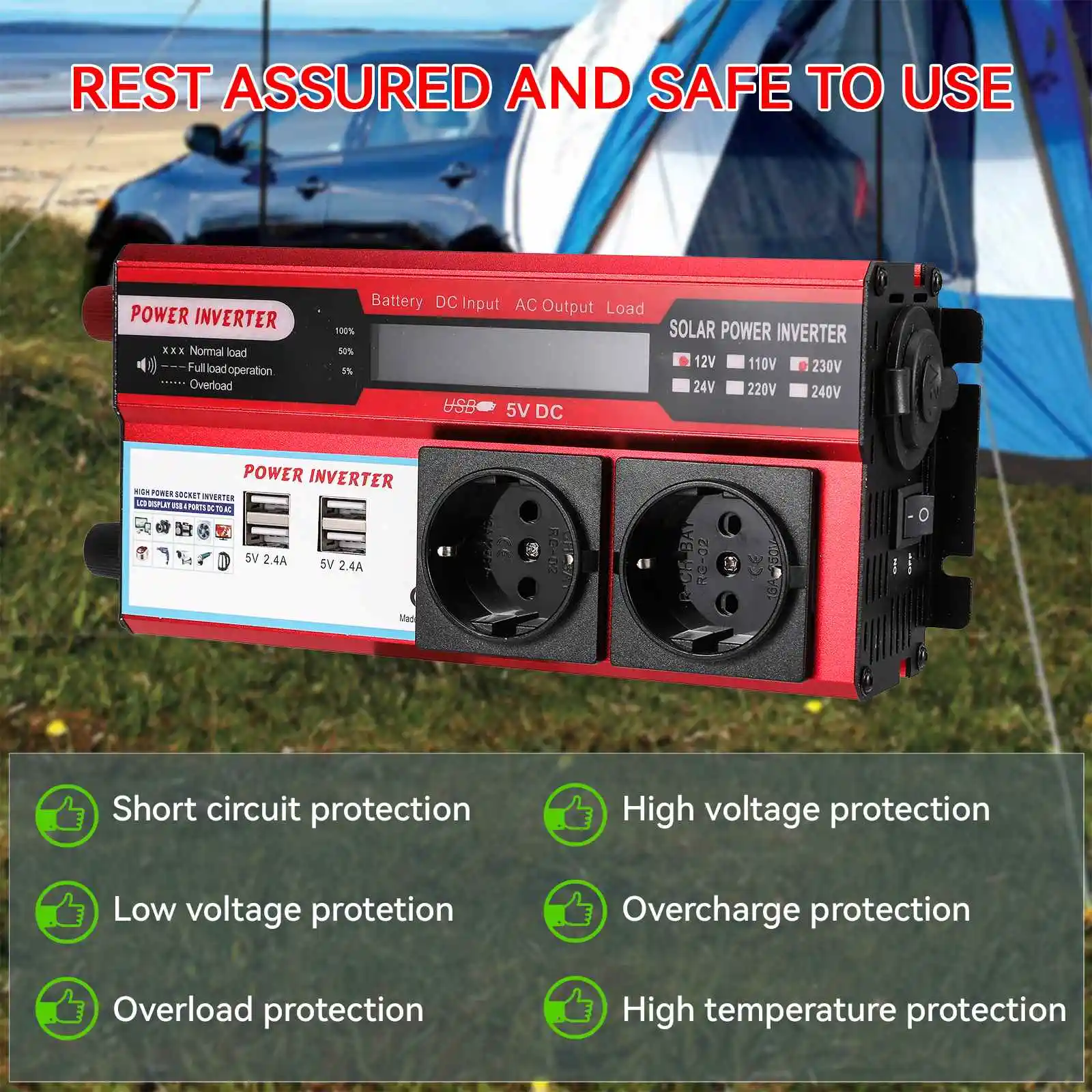 Vremota عاكس الطاقة المحمولة تيار مستمر 12 فولت إلى التيار المتناوب 220 فولت 230 فولت محول مع 4 USB مقبس الاتحاد الأوروبي تهمة مع رحلات عرض LED والتخييم #6