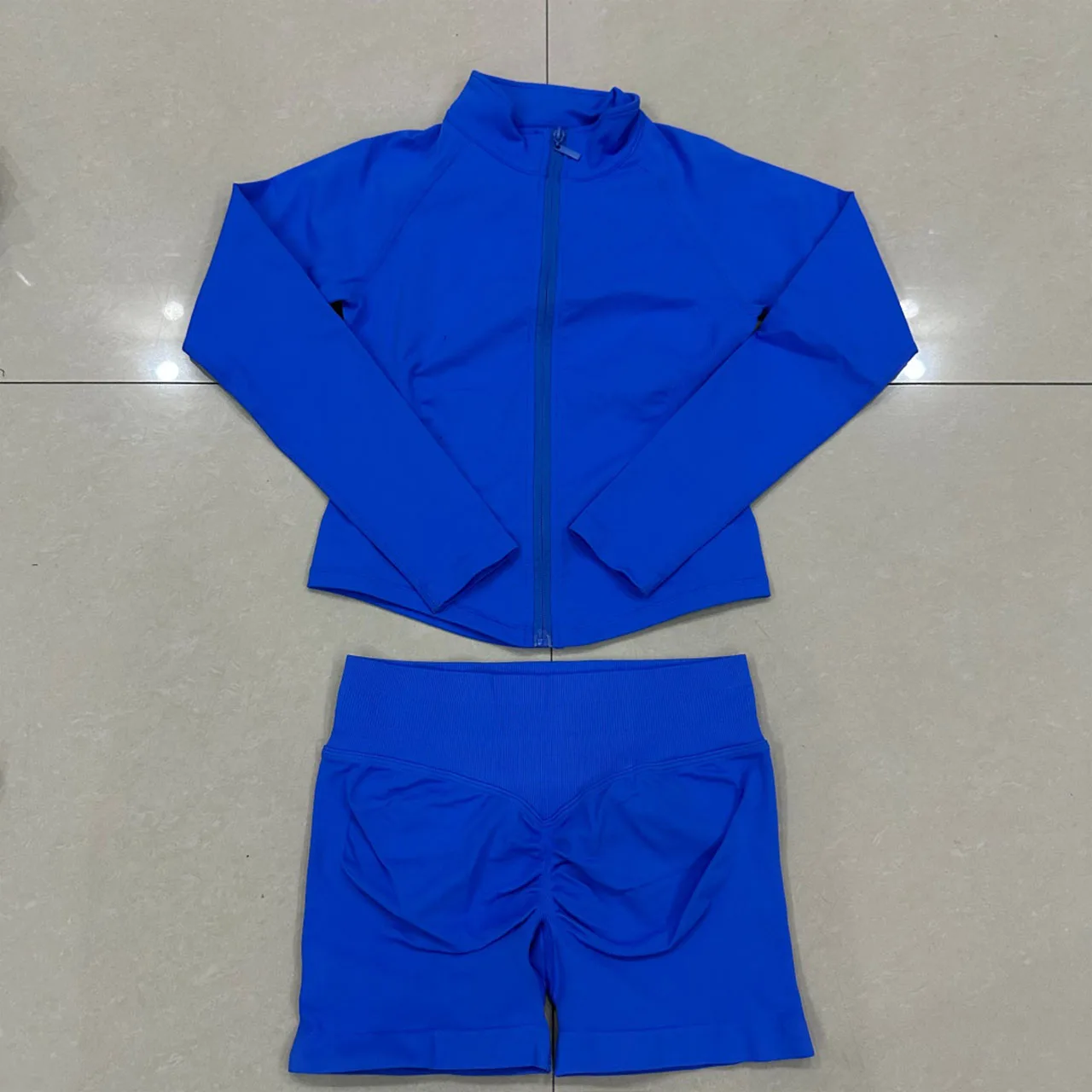 Denyf  lmqact Women Slim Fit 2 Piece Yoga Set Zipper Long Sleeve Jacket High Waist Ruched Shorts Stretchy Gym Workout Fitness