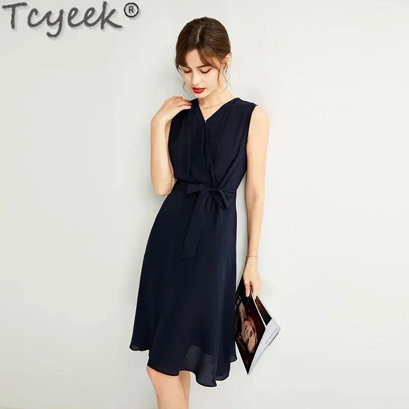 

100% Tcyeek Real Silk 2024 Summer Party Sleeveless es for Women Lace-up Red es Female Clothing Midi Dress