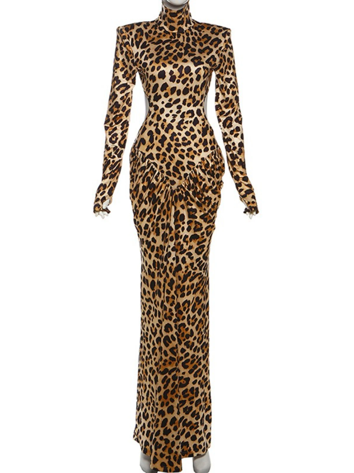 SsTss Women Elegant Leopard Print Maxi Dress 2025 New Fashion Turtleneck Long Sleeve Slim Ruched Bodycon Birthday Party Dresses