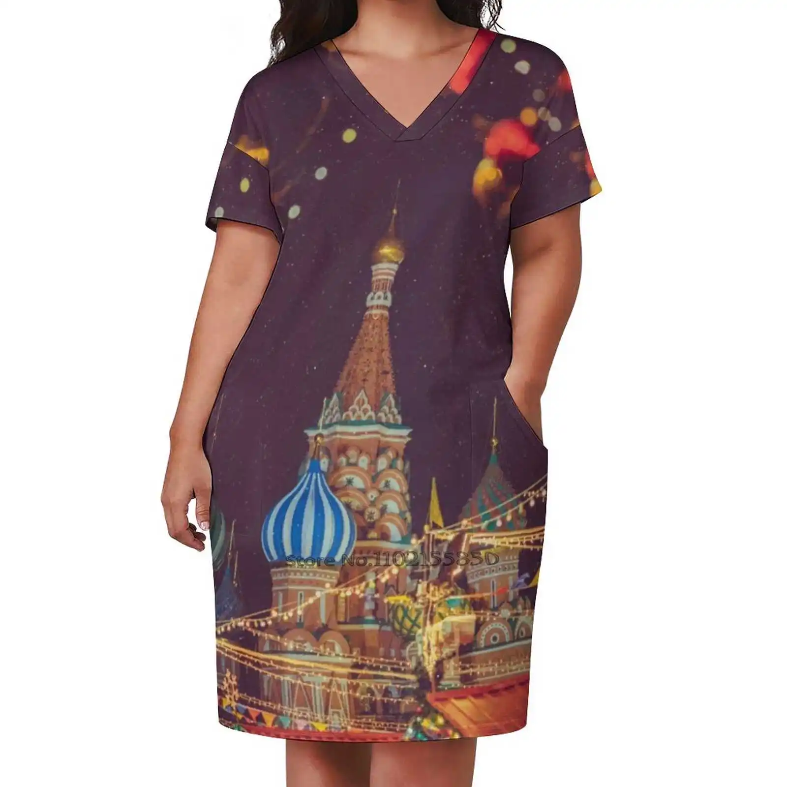 Christmas And New Year Celebration On Red Square In Moscow Russia Loose Pocket Dress Summer Sexy V Neck Dress Print Short