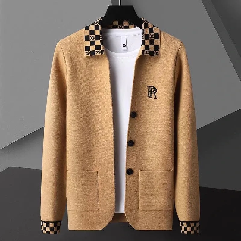 

Faionable Spring 2024 Men's ort Woolen Jaet Korean Sle Patchwork Plaid Collar Casual Coat Youth Slim Fit Antimicrobial