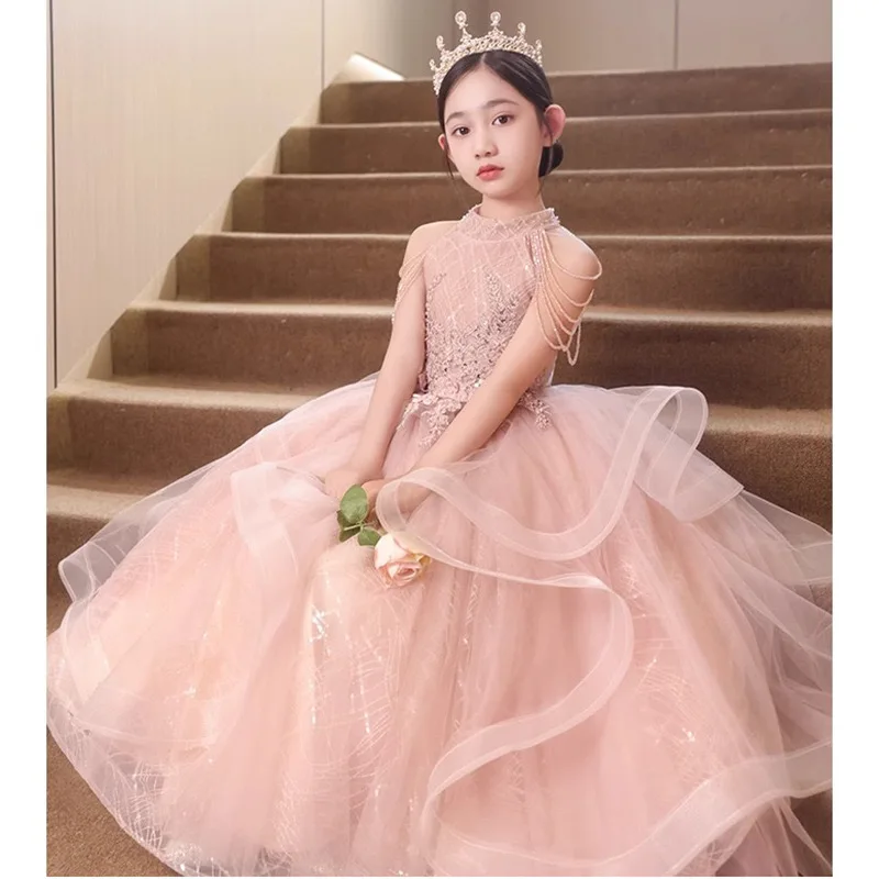 Formal Pink Bridemaid Dresses For Girls Evening Elegant Sequin Tulle Flower Princess Wedding Party Dress Birthday Prom Costume