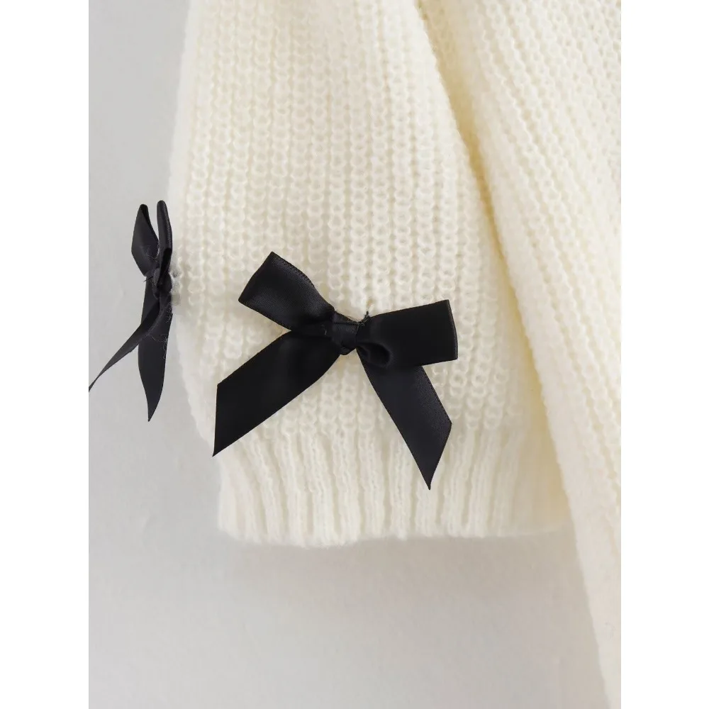 TRAF ZR High Street Ladies O-neck Sweater Vintage Chic Pullover Sweaters for Women Y2k Short Sleeve Knitwear Outfits with Bows