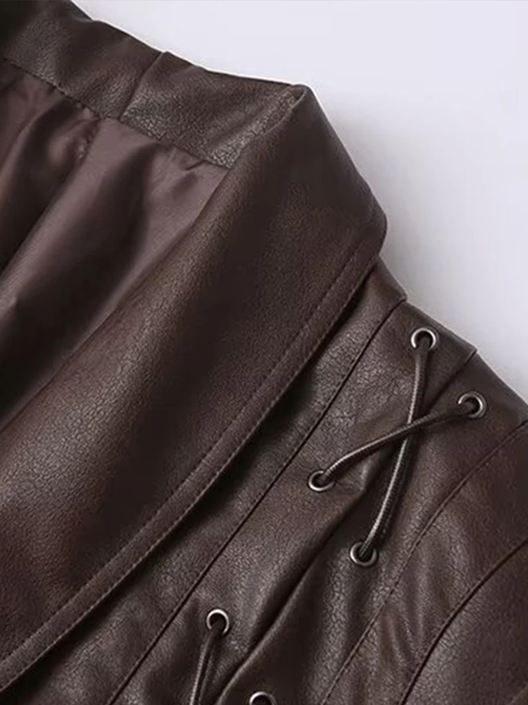 Veste en cuir ceinturée à simple boutonnage pour femmes, vêtements pour femmes, style européen et américain, sens du design français, mode rétro, été, nouveau