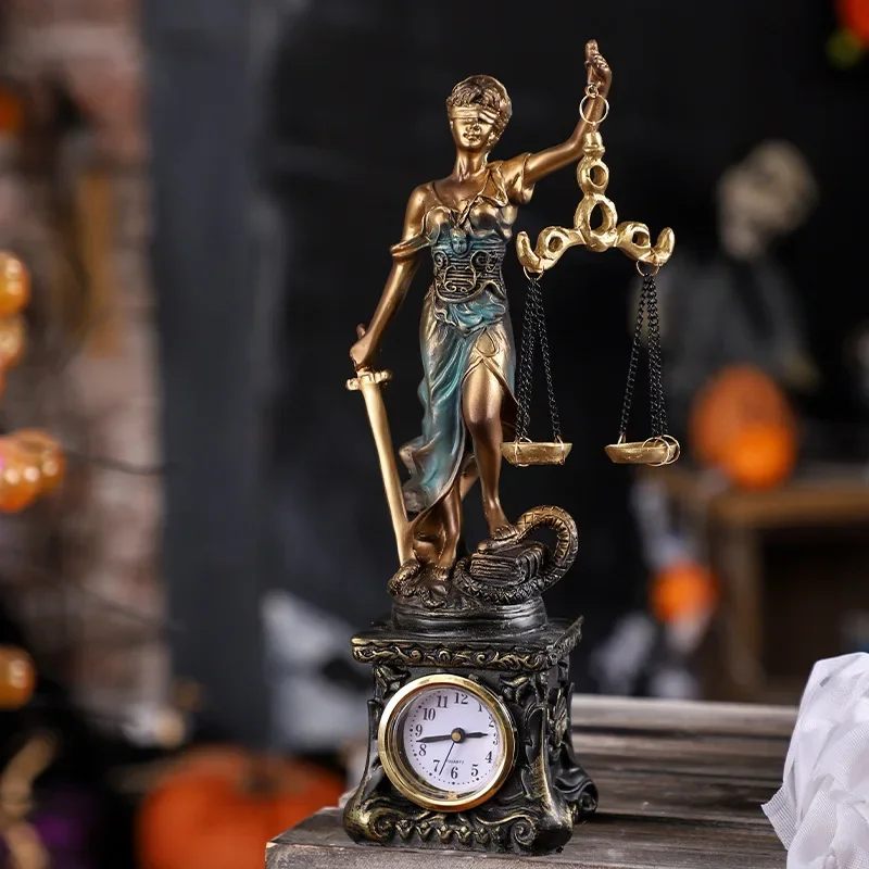 European Retro Resin Clock Sculpture of The Goddess of Justice Decoration for The Court Lawyer's Office