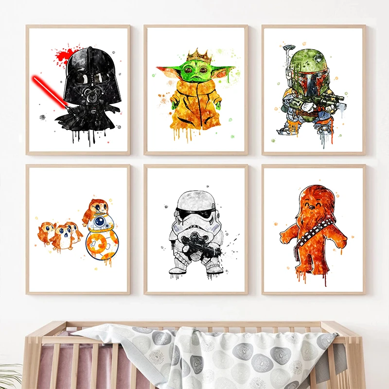 Star Wars Watercolor Print Darth Vader Poster BB8 Porg Chewbacca Princess Leia Yoda Boba Fett Picture Anime Room Decor