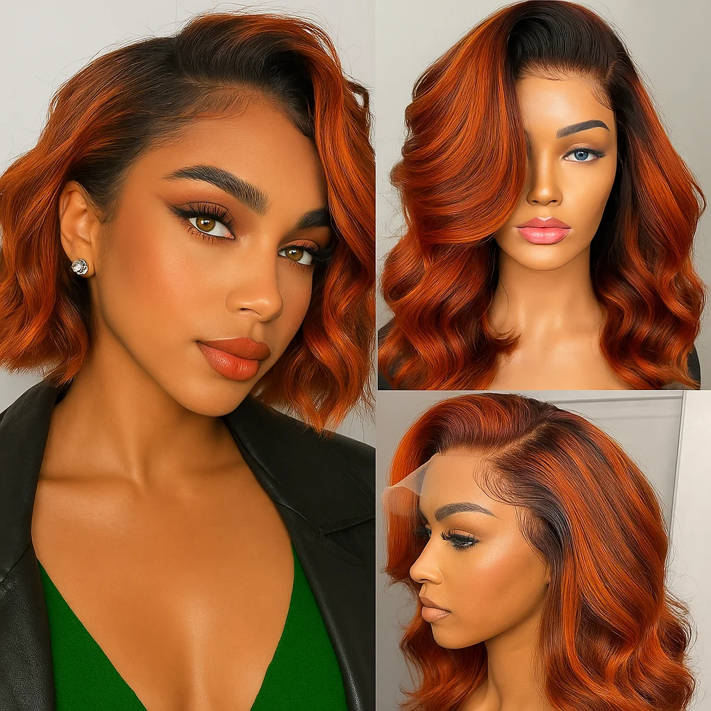 # 4/350 marrón jengibre resaltado Bob corto cuerpo onda peluca con malla frontal cabello humano 13x4 sin pegamento Ombre Balayage pelucas para mujeres negras