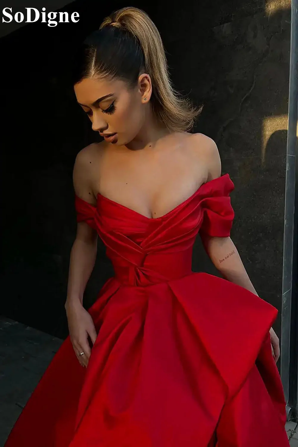 SoDigne Sexy A-Line Off Shoulder Evening Dresses V-Neck Ruched High Slit 2024 Celebrity Party Prom Gowns for Women Customized