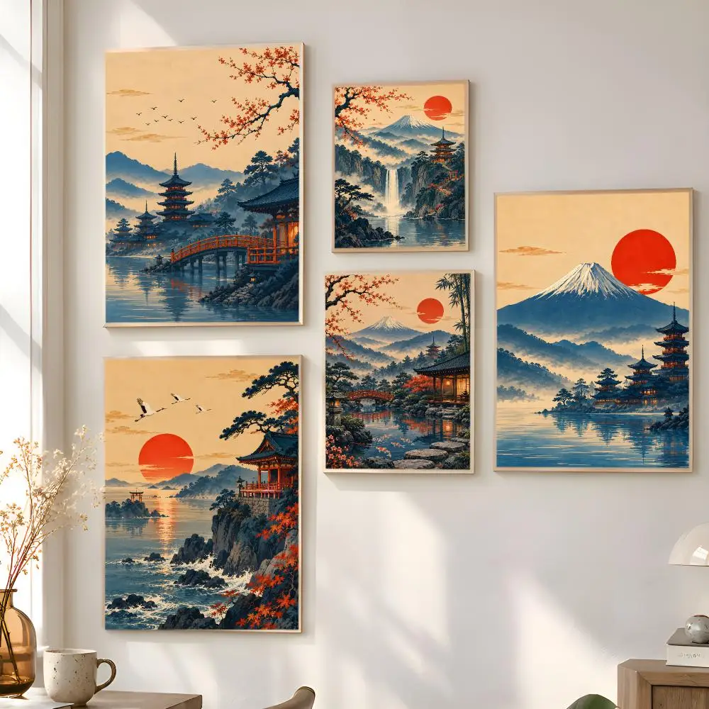 Mount Fuji Sakura Ukiyoe Art Poster Matte Self Adhesive Wall Art Home Decor Bedroom Living Room