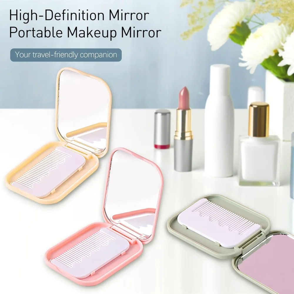 2 Pack Foldable Compact Mirror with Comb, 2-in-1 Portable Travel Pocket Makeup Mirror & Hair Comb Set, Macaron Pastel Small Hand Mirror for Women Girls Daily Commute Travel