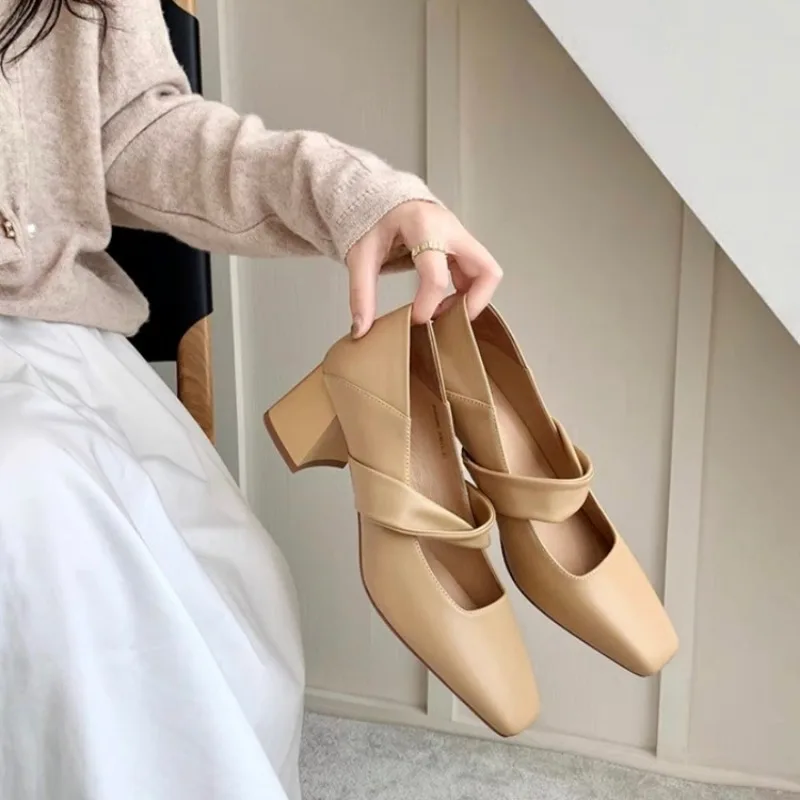 PU Mid Heel Pumps 2023 High Quality Square Toe Shoes for Women Casual Slip-On Spring/Autumn Classics Pleated Pumps Tacón Alto