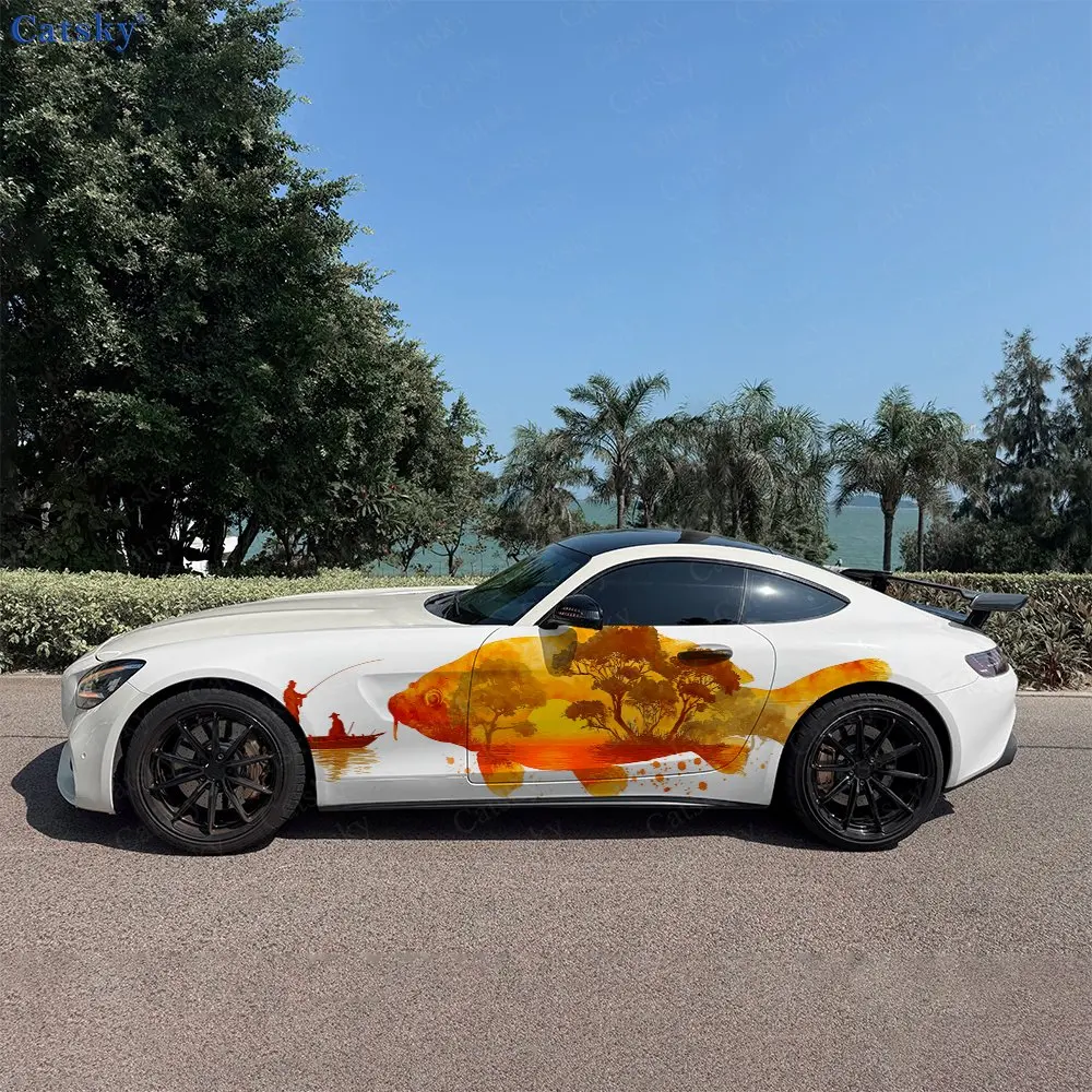 

Самоклеящаяся наклейка из ПВХ с силуэтом рыбака внутри карпа кои для оклейки кузова автомобиля, водонепроницаемая и устойчивая к царапинам, аксессуар для автомобиля, подарок