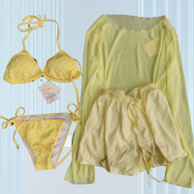 Traje de Baño Bikini Estilo Tailandés para Mujer, Manga Larga, Conjunto de Cuatro Piezas, Ropa de Playa, Traje de Baño Deport...