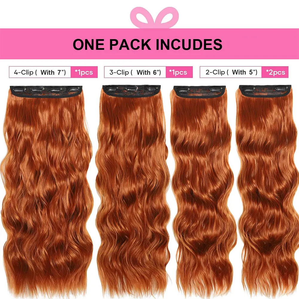 Copper Red Long Wavy Clip in Hair Extensions 20 Inch 4Pcs Double Weft Synthetic Hairpieces Full Head for Women Party Cosplay