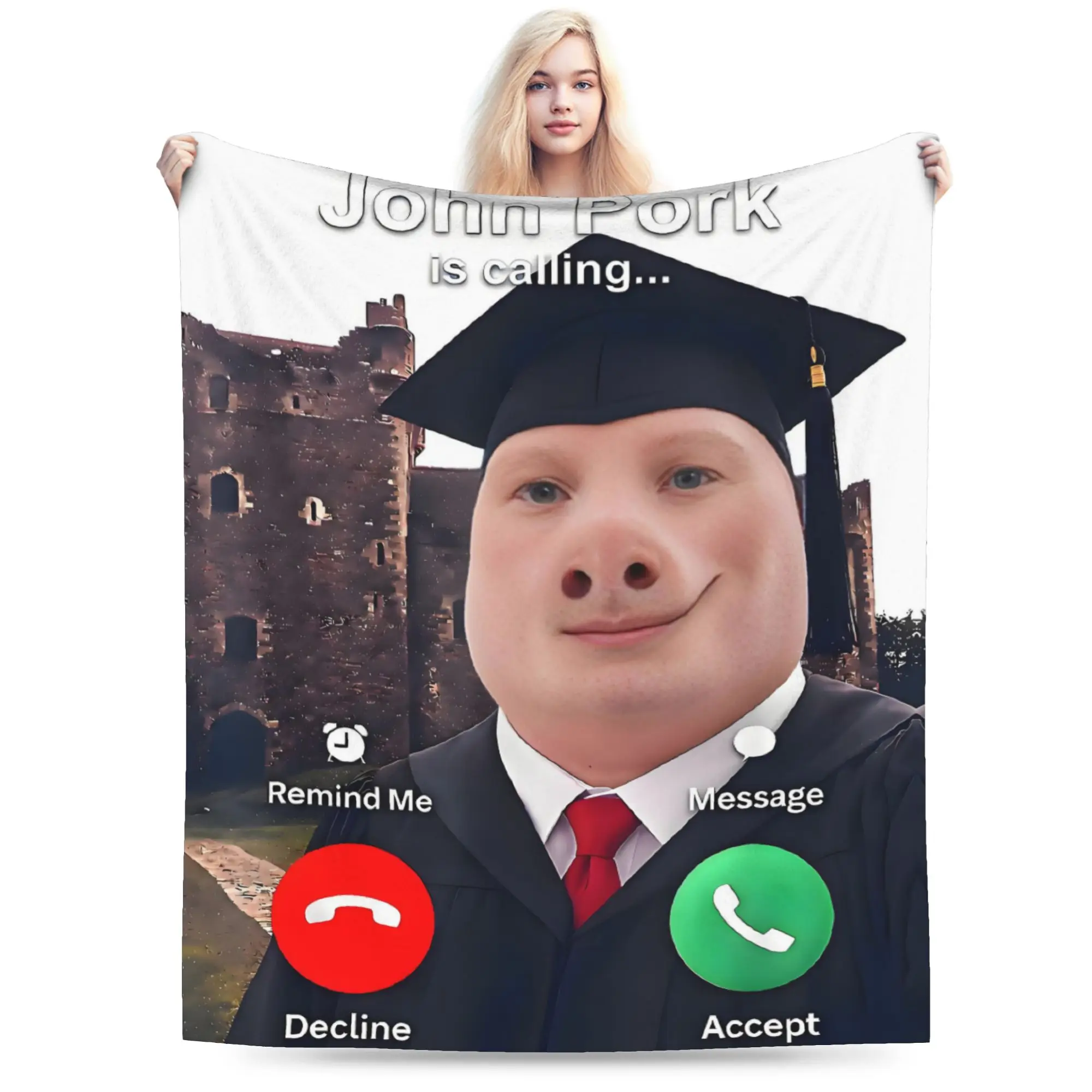 Custom John Pork is Calling  Blanket Warm Fleece Soft Flannel Brainrot Meme Throw Blankets for Bedding Couch Outdoor Spring