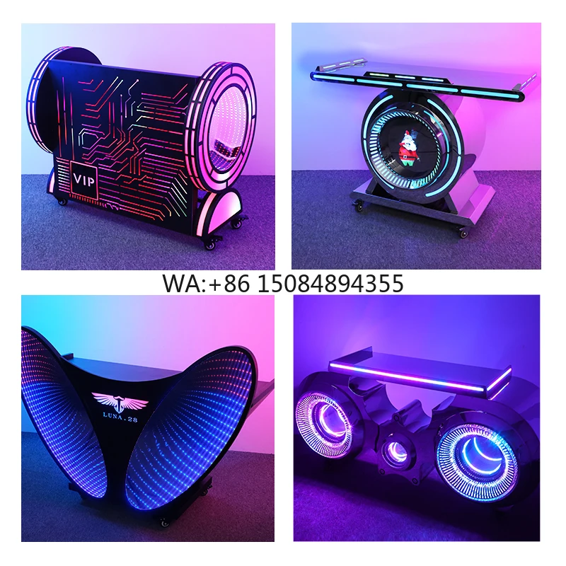 VIP High Quality Metal Disco Pub 3d Led Screen bar Dj Table Booth Stand Portable with Light Bar DJ Station Custom logo