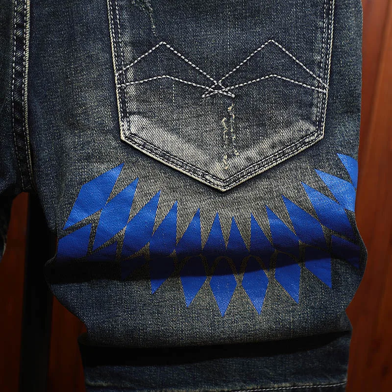 High end printed denim shorts for men, summer street fashion, rugged and handsome, retro vintage, casual five quarter pants