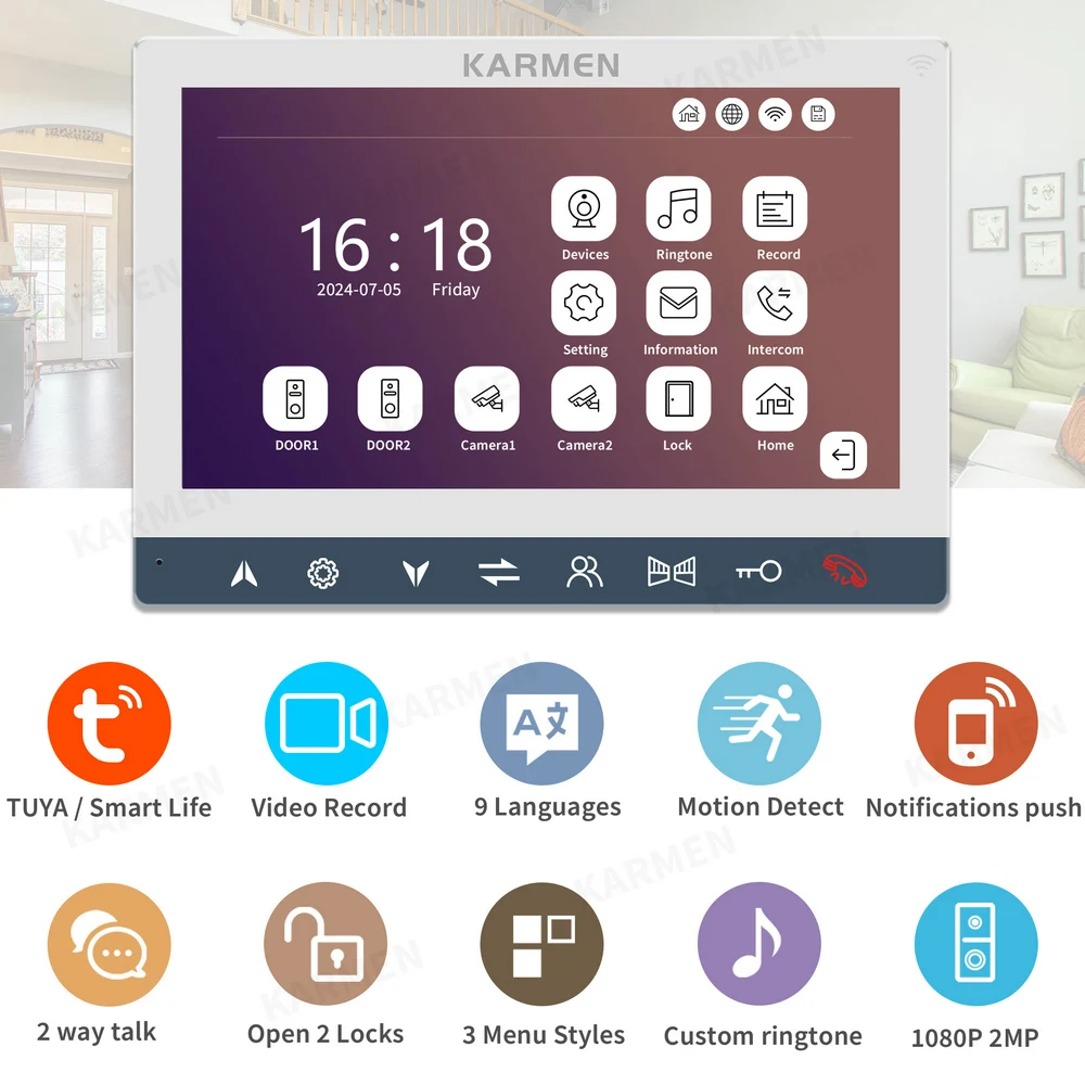 Karmen 7” Video Doorbell Wireless Home Intercom System 1080P Waterproof Door Phone Camera TUYA APP Unlock/Motion Detection Push