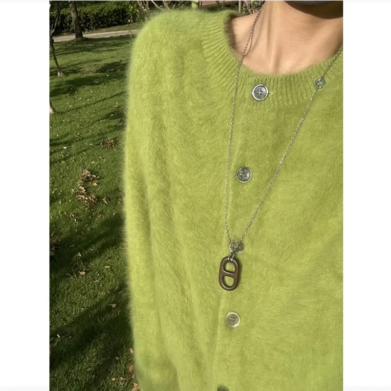 Chaqueta tipo suéter verde holgada y de alta gama con cuello redondo para mujer, ropa de otoño e invierno, cárdigan grueso suave y de felpa