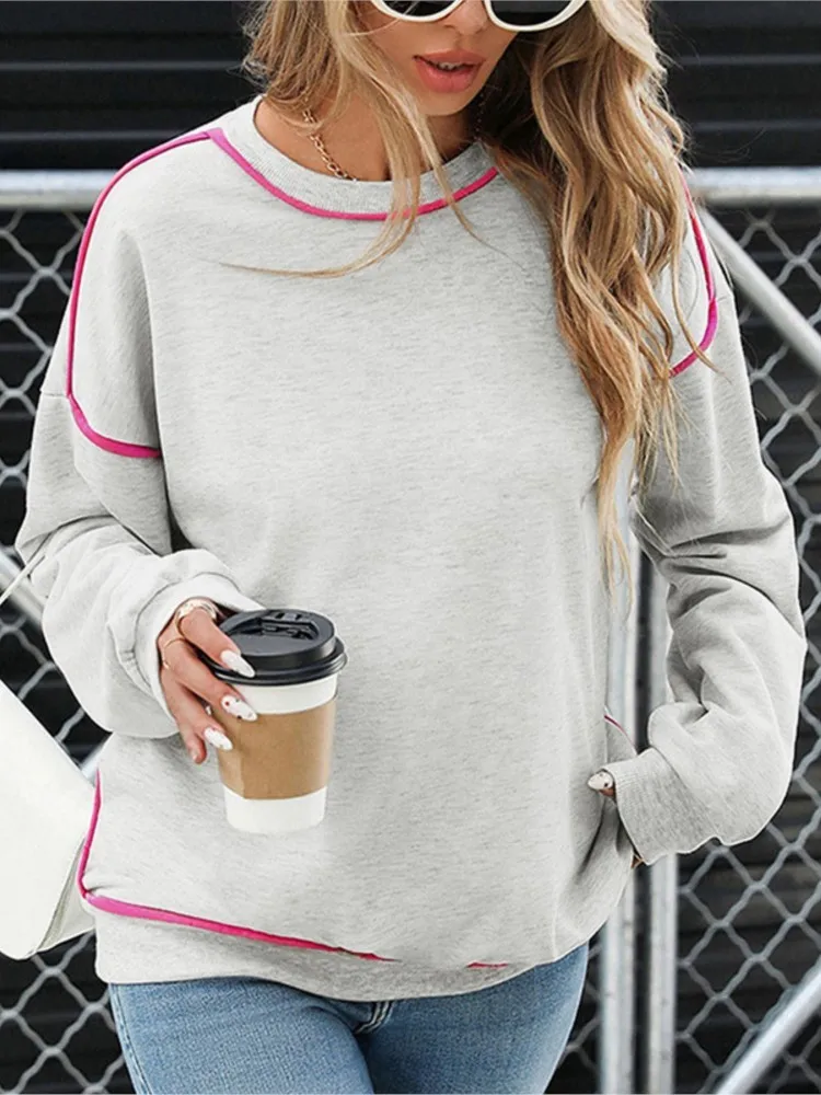 

Woman's Autumn Winter Casual Sweatshirt Fashion Solid Color O-neck Long Sleeves Pullovers Tops Ladies Loose Office Grey Hoodie