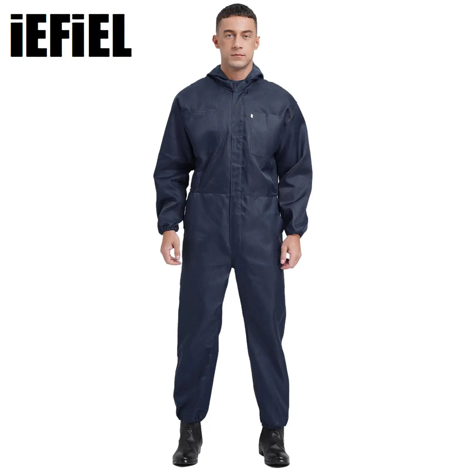 

Men's Worker Hooded Coverall Long Sleeve Front Half Zipper Big Pockets Overalls Dustproof Jumpsuit Dungarees for Workshop