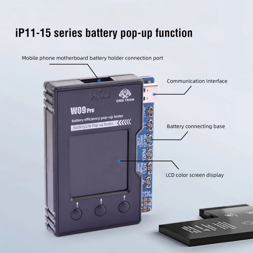 OSS W09 Pro V3 iPhone11-15PM 감지를 위한 배터리 수명 팝업 테스터 배터리 효율성 100% 사이클 건강 데이터 도구 수정