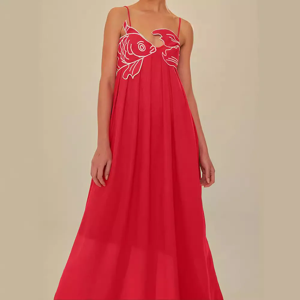 Vestido plisado con sujetador en forma de pez rojo para mujer, ropa Sexy sin mangas, Espalda descubierta, informal, para fiesta en la playa, 2024