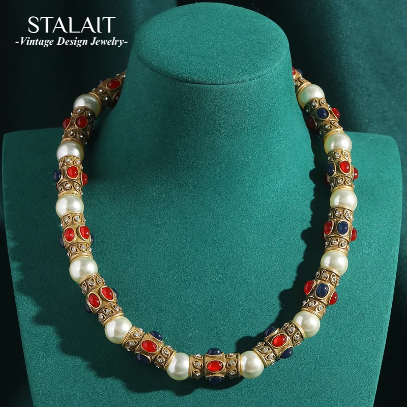 

Antique Gold Color Pearl Necklace Adjustable For Women Red Agate Palace Vintage Party Accessories Luxury Designer Jewelry 2025