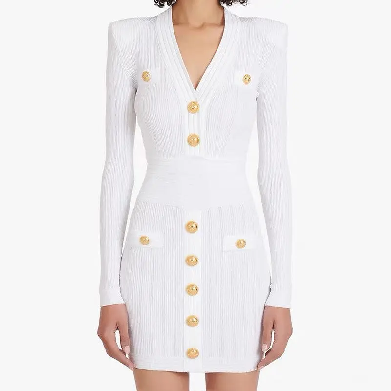 

High Quality Fashionable Knitted Fabric V-Neck Slimming Long Sleeve Short Dress Elegant Style Women's Dress for Commuting