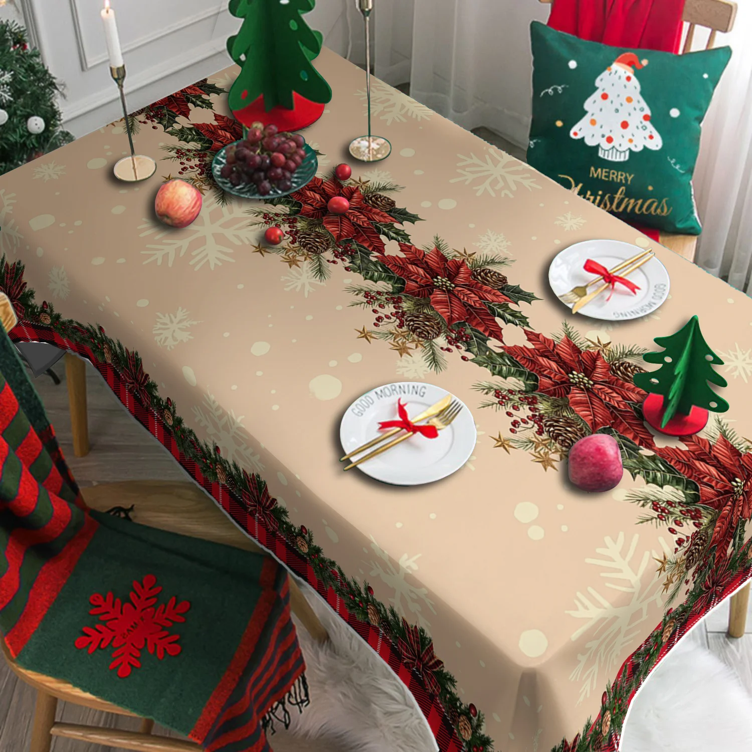 

Водонепроницаемая скатерть с узором из пихтовых игл и пуансеттии для рождественского декора стола, зимняя новогодняя скатерть для кухни и столовой, рождественские украшения