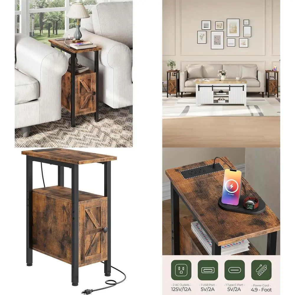

Узкий приставной столик в деревенском стиле, коричневый, с зарядной станцией для небольших помещений, 2 розетки переменного тока, 1 USB, 1 порт Type-C