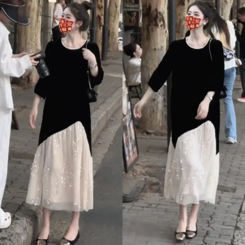 2026년 신모델 스타일리시 고급 플러스 사이즈 스팽글 메쉬 스플라이싱 센세이셔널 럭셔리 기품을 보여주는 점프수트 스커트