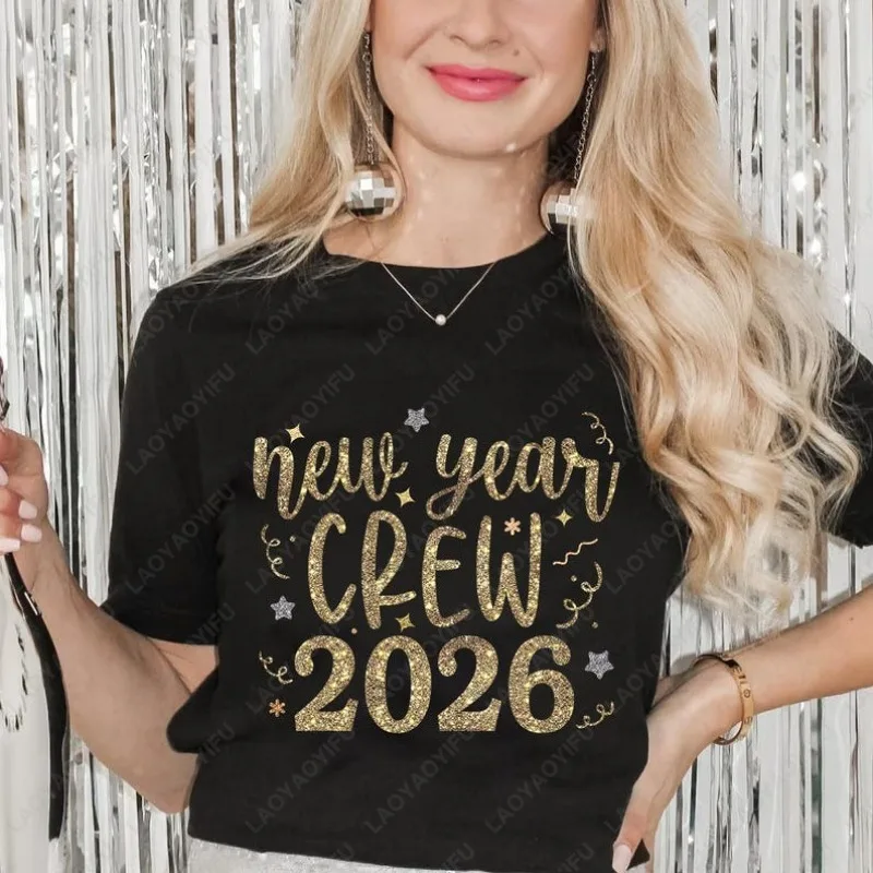 Happy New Year Graphic T Shirts Trendy Hello 2026 Crew Tees Vintage Glitter Gold Printing Shirt Unisex Christmas Holiday Tops