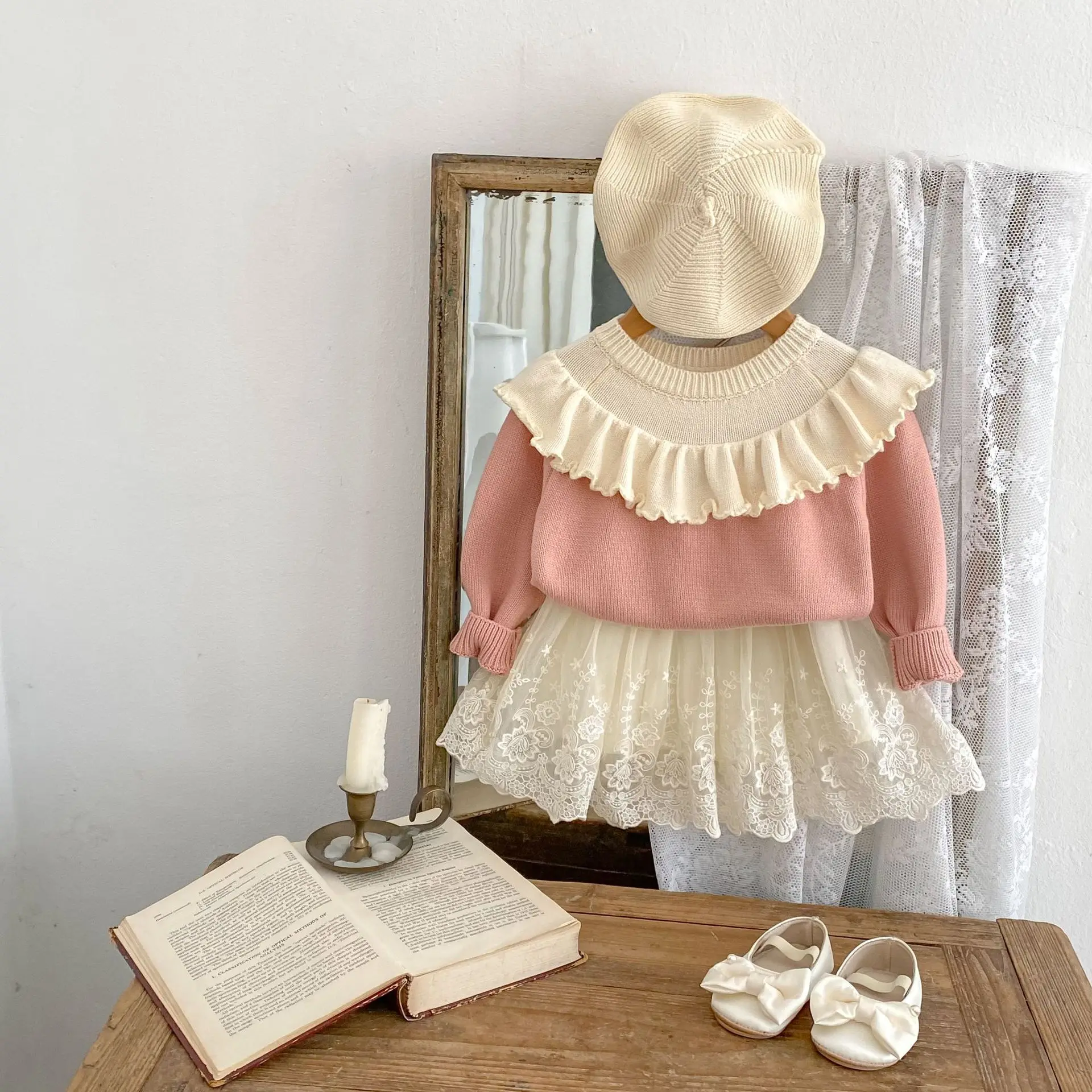 

2025 Fall Baby Girl Sweater Korean Style Color Block Ruffle Trim Knit Top Soft Cotton Comfortable Toddler 0-4 Years