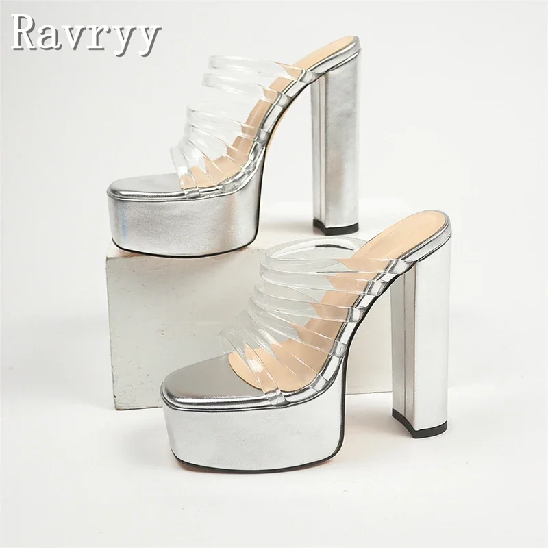 

Прозрачные босоножки из ПВХ с узкими ремешками, шлепанцы на очень высоком каблуке с квадратным открытым носком и платформой, вечерние модельные туфли на толстом каблуке