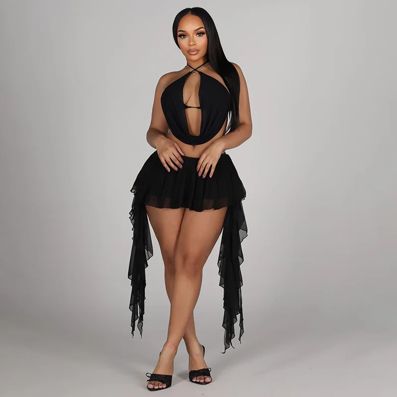 Women Sexy Solid Mesh 2 Piece Set Swinging Collar Lace Up Halter Backless Camis Crop Tops and Ruffles Mini Skirts Clubwear Suits