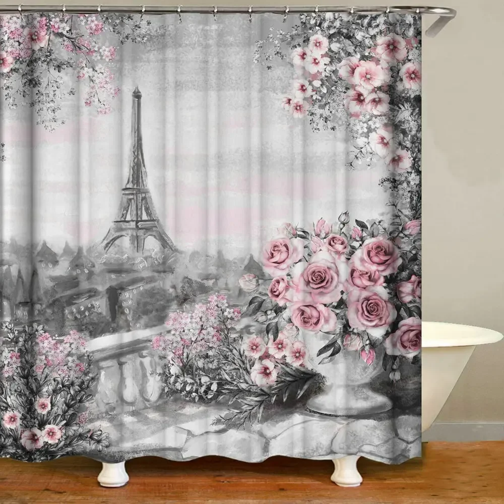 Vintage Paris City Scenery Shower Curtain  Tower Pink Rose Flower Painting Spring Bathroom Decor Waterproof Screen With Hooks