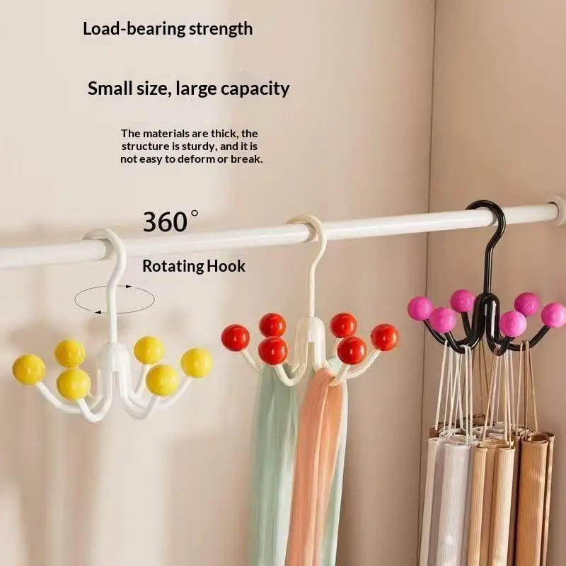 ** Multifunctional Home Clothes Hanger Portable Dopamine 360°Rotating Hook With 6 Balls Space Saving Scarf Tie Display Rack 3PCS