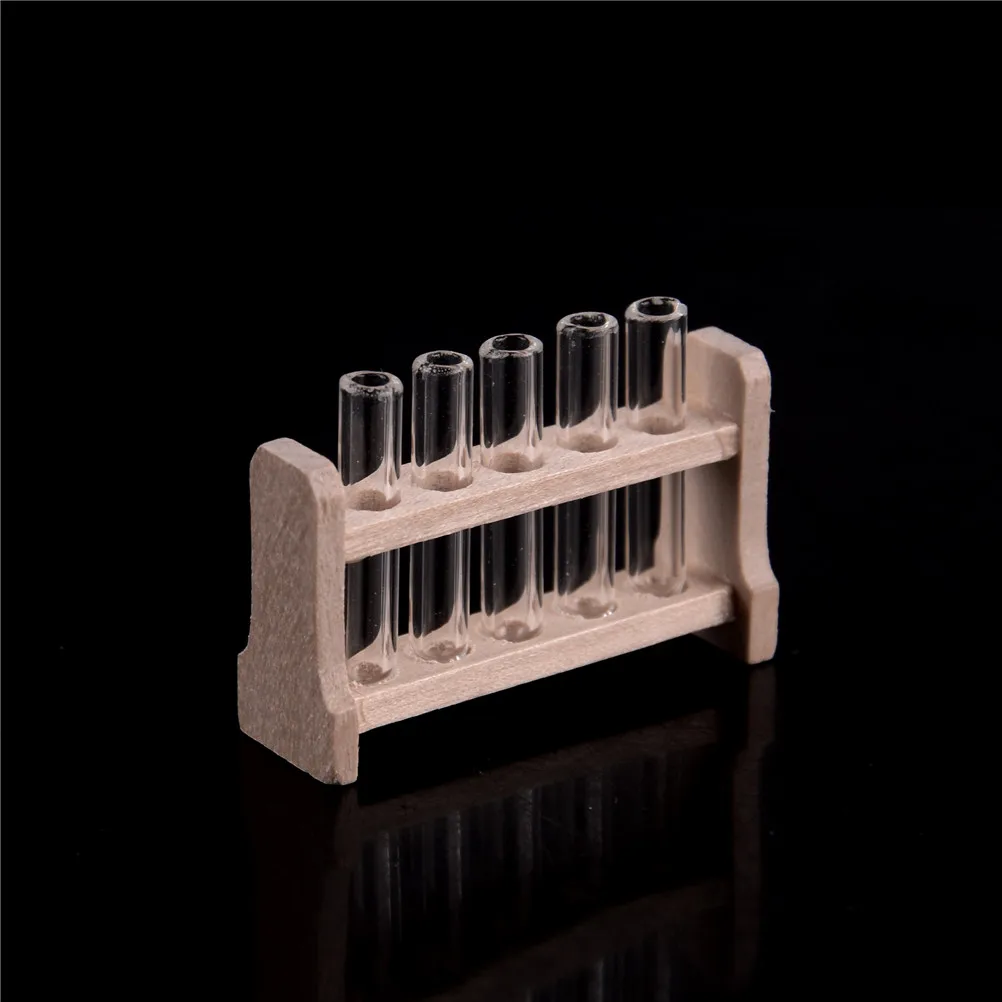 1 conjunto de rack de tubo de ensaio de laboratório de madeira em miniatura para casa de bonecas com 5 peças de tubos de ensaio modelo casa de boneca acessórios de decoração de laboratório-brinquedo